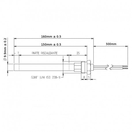 Resistenza di accensionecon raccordo filettato 3/8" GAS, diametro 9,9mm, lunghezza totale 160mm, lunghezza sottobattuta 150mm, 300Watt.